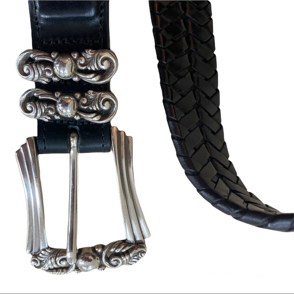Brighton Black and Silver Woven Leather Belt Women Size L 34